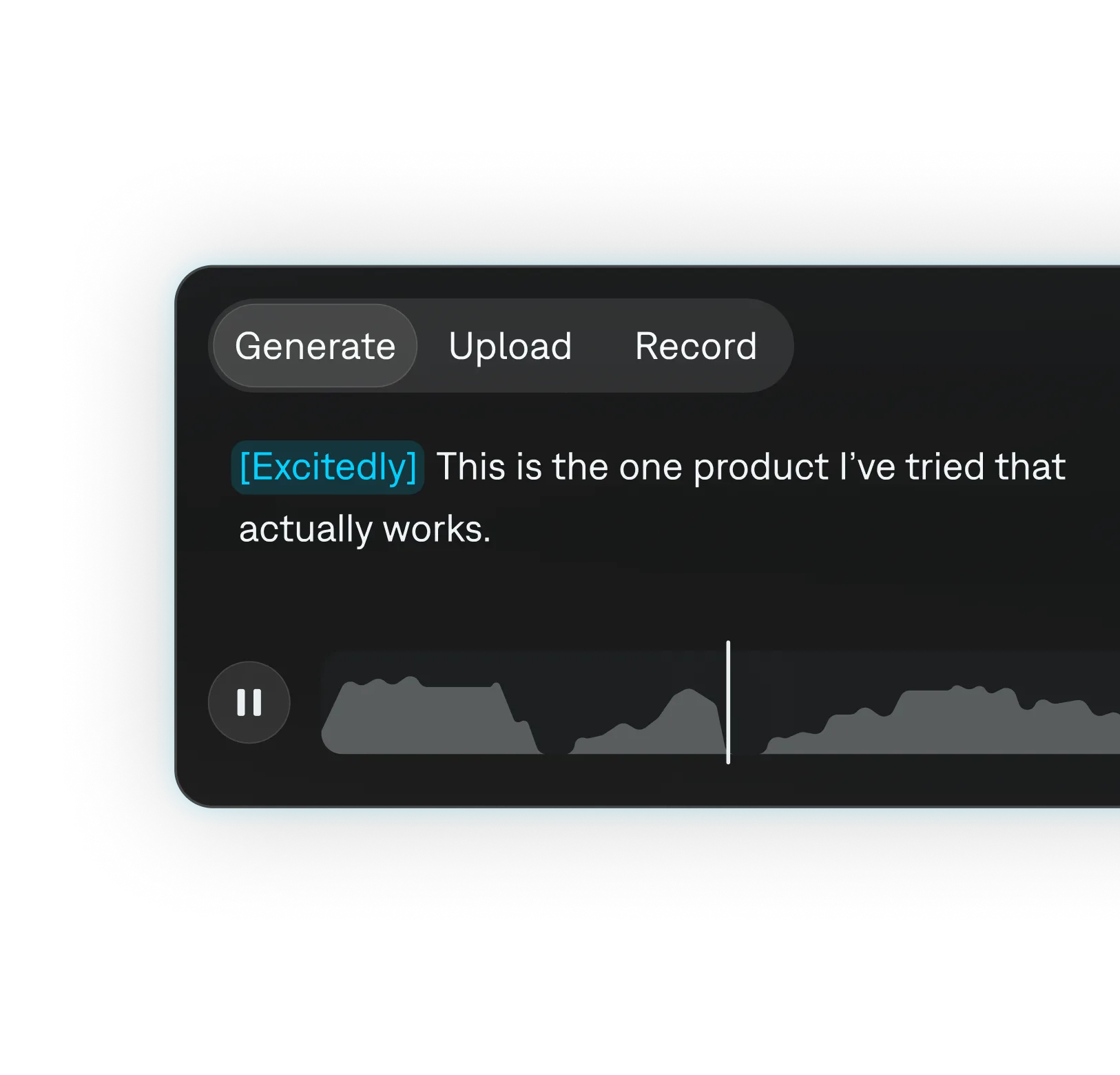Mirage studio generating audio: a black textbox with a script and waveform below.